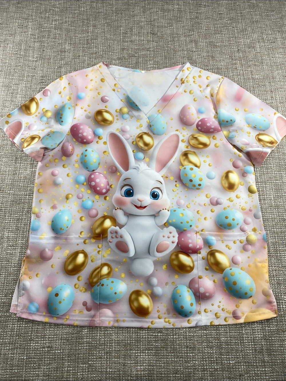 Cute Bunny Easter Print V-Neck Scrub Top - Pink Blue Gold